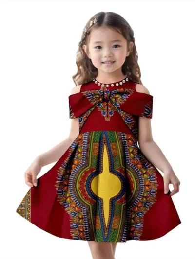 African Clothes for Girls Ankara Print Beading Bow Tie Metallic Dresses Acok60