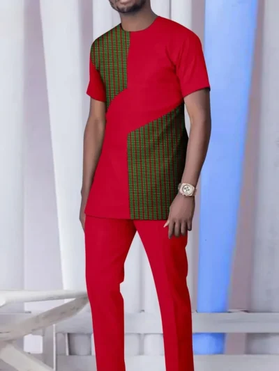 African Clothing For Men Short Sleeve Print Blouse and Pants Set Acmt55