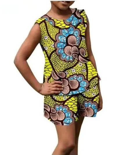 African Clothes for Girls Print Peter Pan Collar Top and Short Pant Sets Acok35