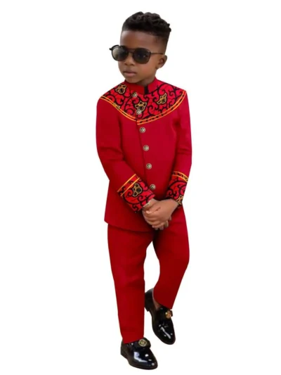 African Clothes for Boys Stand Jacket Button Bright Silk Top and Pant Sets Acok36