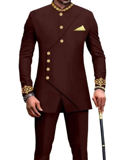 African Clothing For Men Embroidery Full Sleeve Double Breasted Set Acmt68