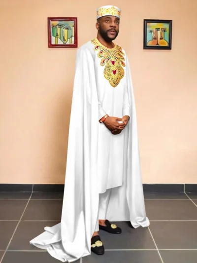African Clothing For Men Embroidery Agbada Robe Pants Tribal Hat Set Acmt2