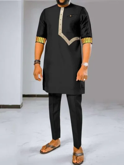 African Clothing Embroidery Short Sleeve Shirt and Pants Set Acmt1