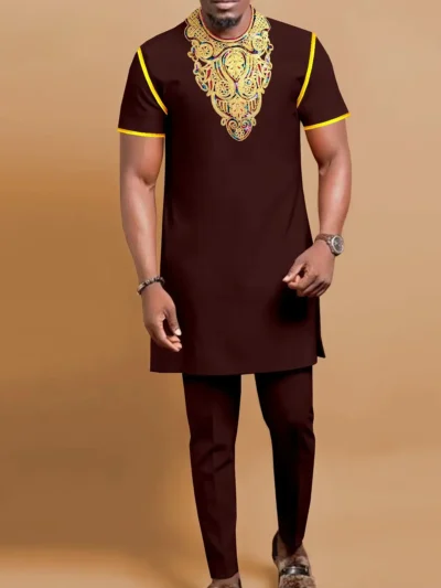 African Clothing For Men Embroidery Short Sleeve Shirts and Pants Set Acmt51