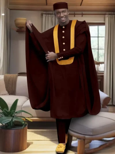 African Clothing For Men Embroidery Single Breasted Shirts Pants and Hats Sets Acmt13