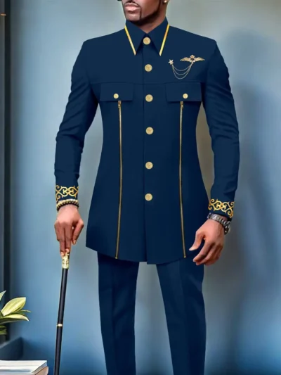 African Clothing For Men Single Breasted Full Sleeve Zip Blazer and Pants Acmt4