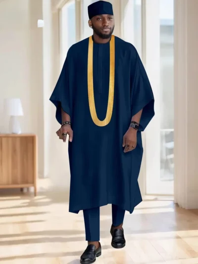 African Clothing For Men Embroidery Robes Pants and Hats Set Acmt14