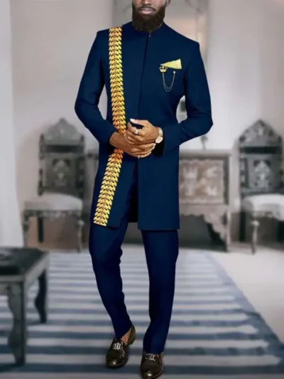 African Clothing For Men Slim Fit Embroidery Blazer and Pants Set Acmt30